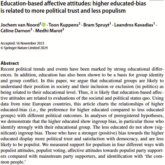 Title & abstract of paper in Acta Politica: Education-based affective attitudes: higher educated-bias is related to more political trust and less populism