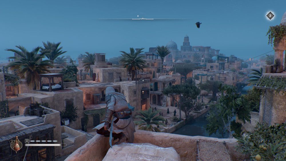 Assassin's Creed: Mirage screenshot. The protagonist is perched on the corner of a rooftop at night time with the Baghdad skyline in background.