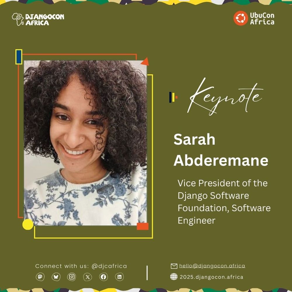 Meet Sarah Abderamane, our second Keynote speaker for #DjangoConAfrica and #UbuConAfrica 2025.