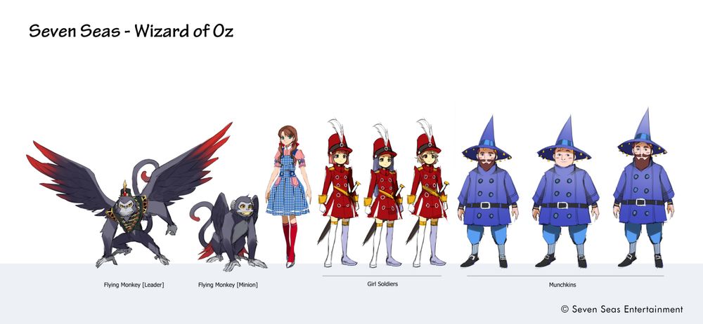 Concept art of the Flying Monkeys, Dorothy, Glinda's soldiers, and some Munchkins.