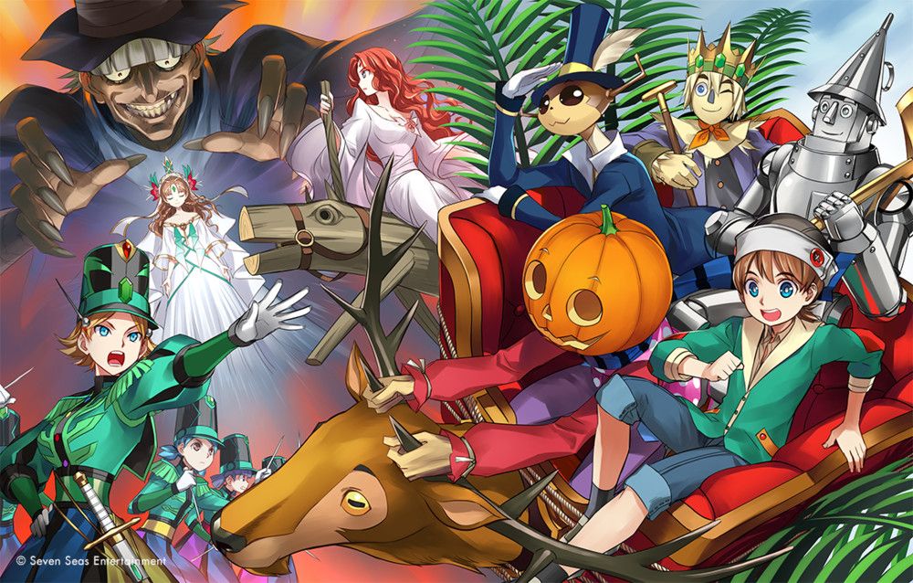 Illustration for The Marvelous Land of Oz featuring Tip and his friends, along with Mombi, Ozma, and Jinjur and her army. Glinda is also there.