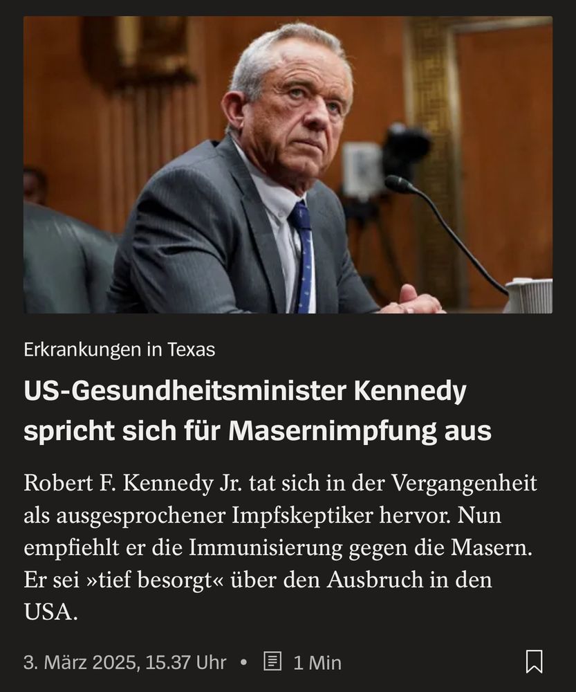 US-Gesundheitsminister Kennedy spricht sich für Masernimpfung aus
Robert F. Kennedy Jr. tat sich in der Vergangenheit als ausgesprochener Impfskeptiker hervor. Nun empfiehlt er die Immunisierung gegen die Masern. Er sei »tief besorgt« über den Ausbruch in den USA.
