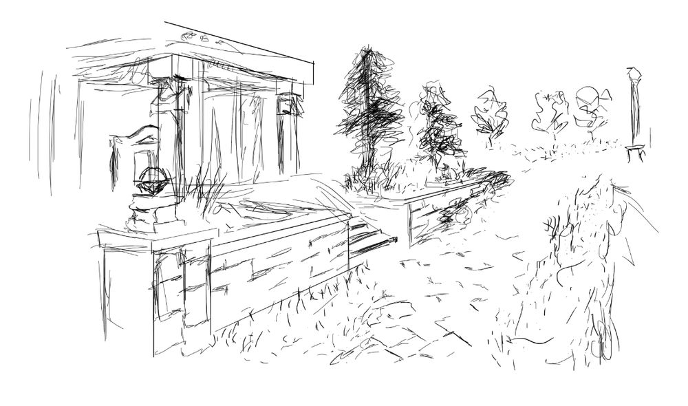 REALLY rough sketch of a stone building, a stone path with grass along the edges and some trees in the background