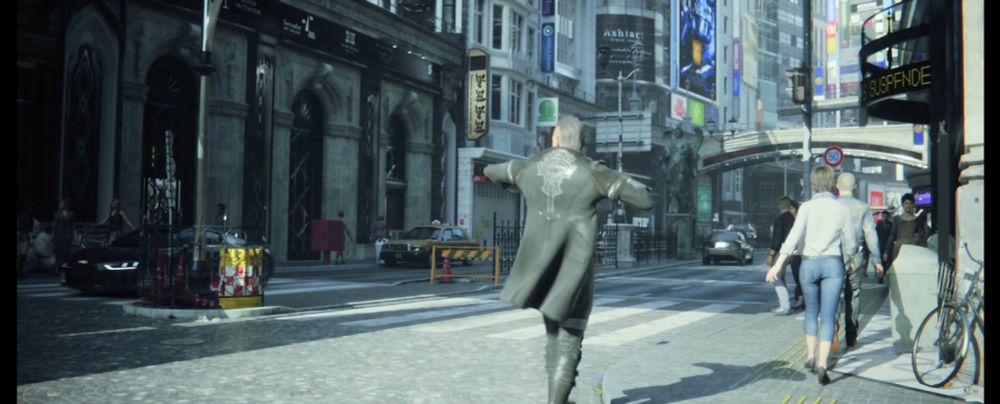 Nyx swings on his jacket as he walks the streets of Insomnia.