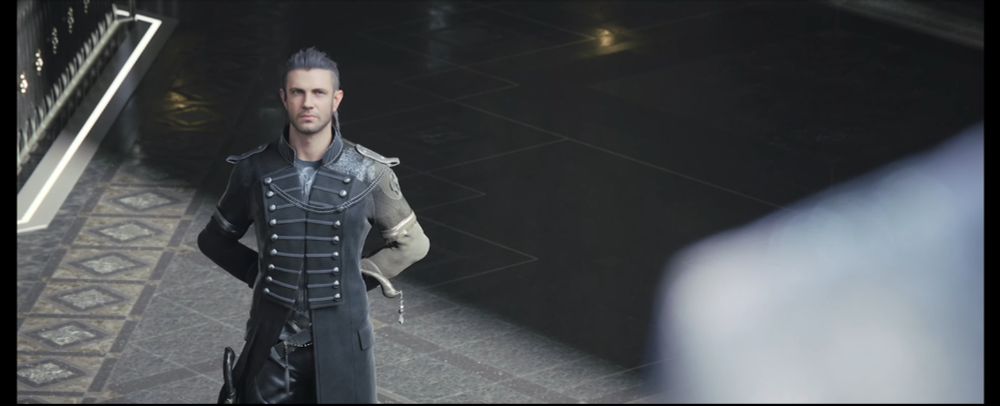Nyx seen behind Luna in the throne room. His arms are crossed behind his back in some sort of formal posture, but he's clearly armed and clearly listening in.