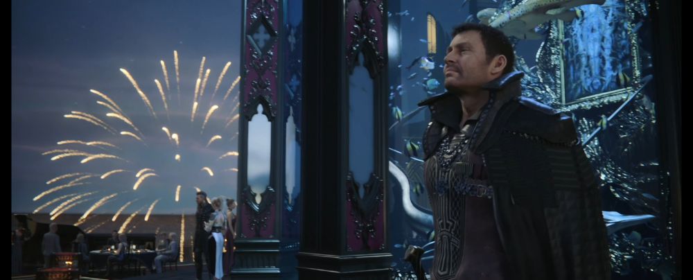 Drautos (armed) stands with his back to the aquarium.