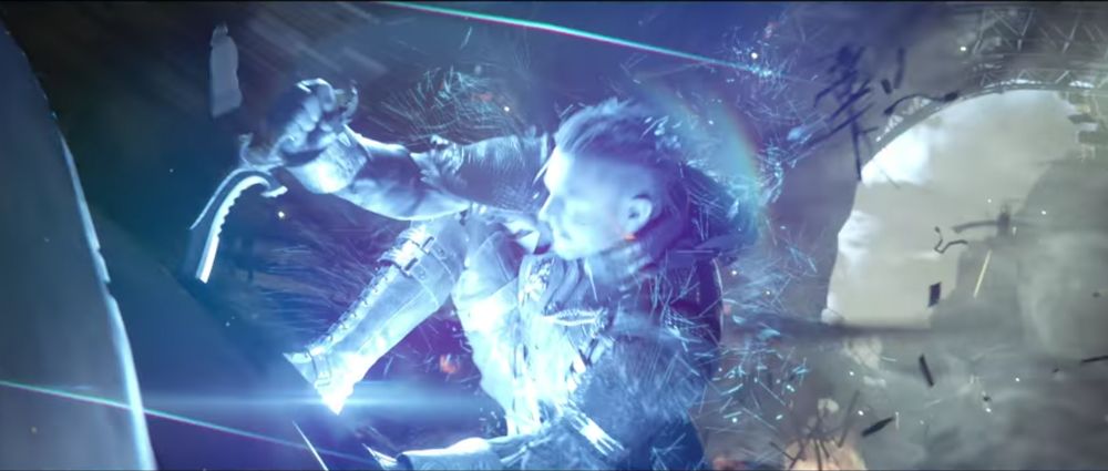 Nyx landing in a crouch, but still not completely out of the warp. He's just a blue echo of himself, still reforming as the airship goes to pieces behind him.