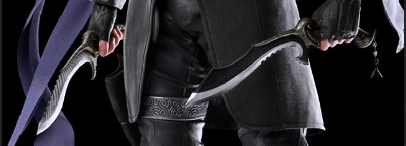 Closeup of a promo image of Nyx, showing both kukris in his hands.