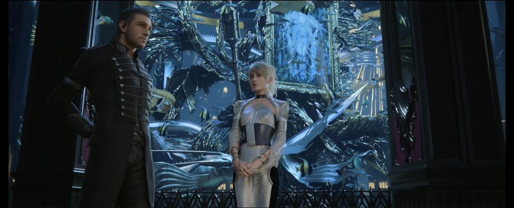 An unarmed Nyx talks to Luna by the aquarium.