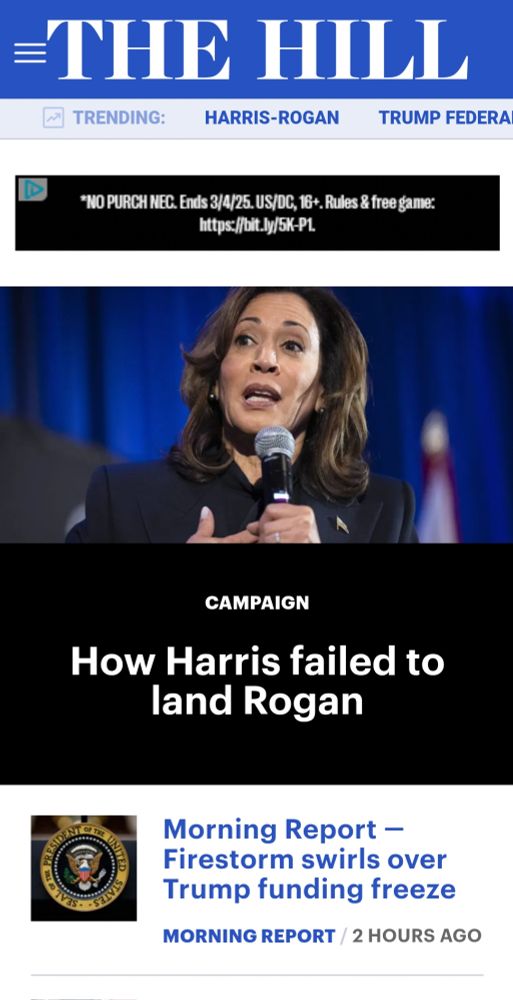 screen shot of the web site The Hill showing a picture of Kamala Harris with the headline "How Harris failed to land Joe Rogan" 