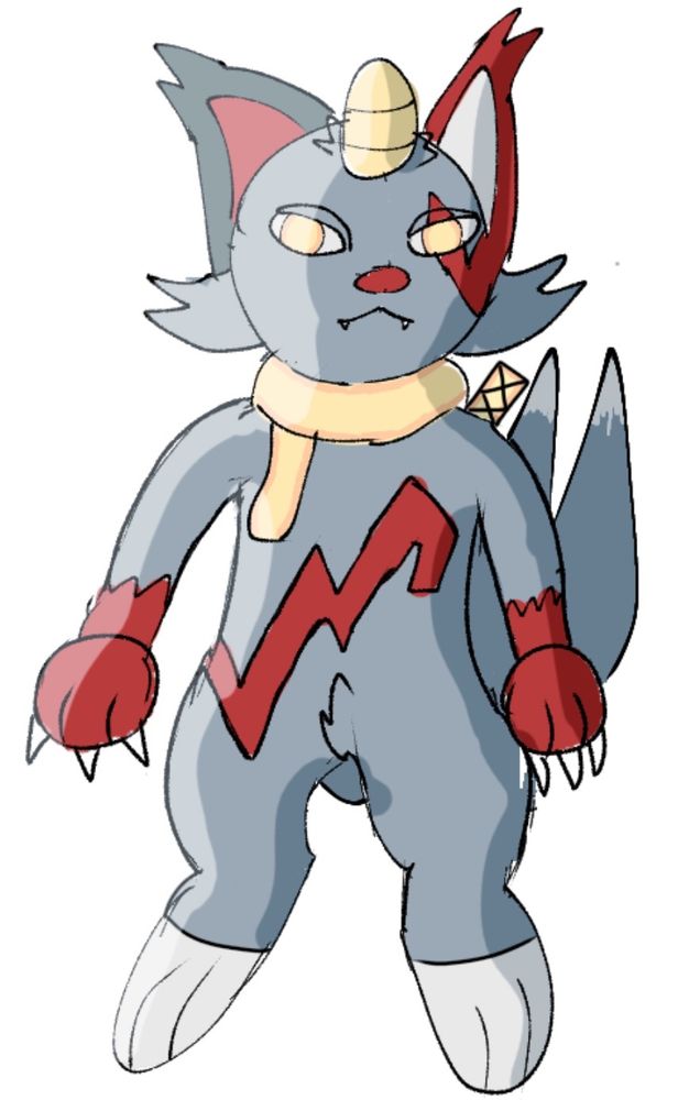 Bipedal feline with heterochromic ears, one black and red, another red and white. Has golden eyes, and a mark on his face that is red that leads into his left ear. He is wearing a lumina scarf and has a sheath holding his sword on his back. His hand paws are red and his foot paws are half grey and half white. His tail is pointed upward obscured partially by his torso.