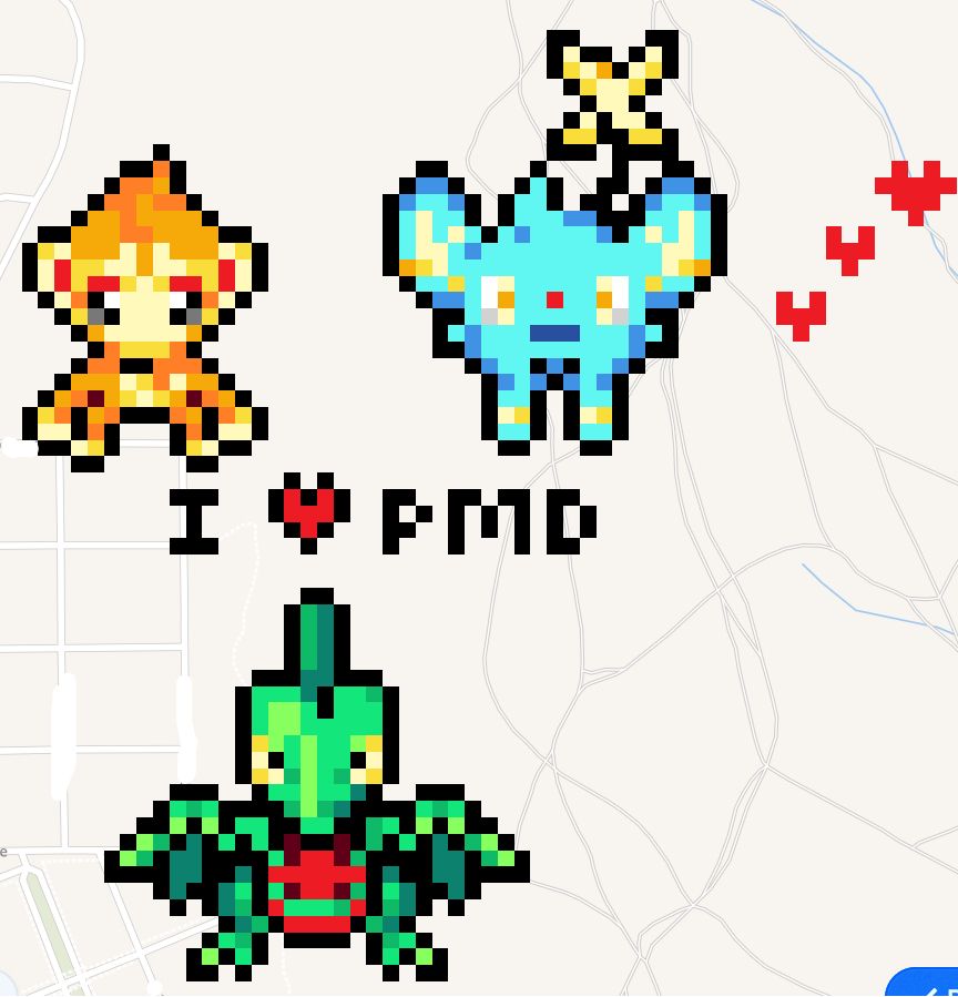 pixel art of Chimchar, Shinx, and Grovyle featuring the text "I <3 PMD"