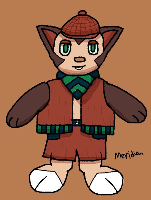 A shiny Chespin in an A-Pose, the signature "hood" is down, and he is wearing a newsboy cap. The Chespin has a neutral look. He is wearing a green and dark blue Harmony Scarf, along with a red shirt and pants. The shirt has a trim at the bottom that matches the Harmony Scarf design. A pair of pockets is obfuscated by the shirt, and a belt with an insignia is also covered. My signature is at the bottom, labelled Meridian.