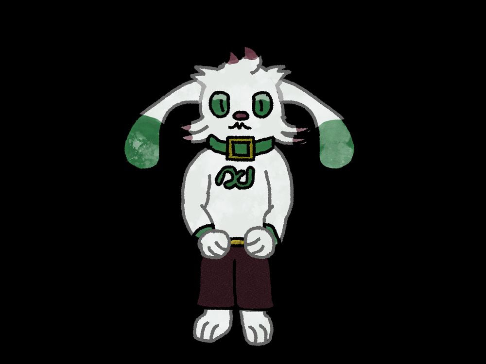 Meridian as a cabbit, it has long droopy ears and is wearing a green collar