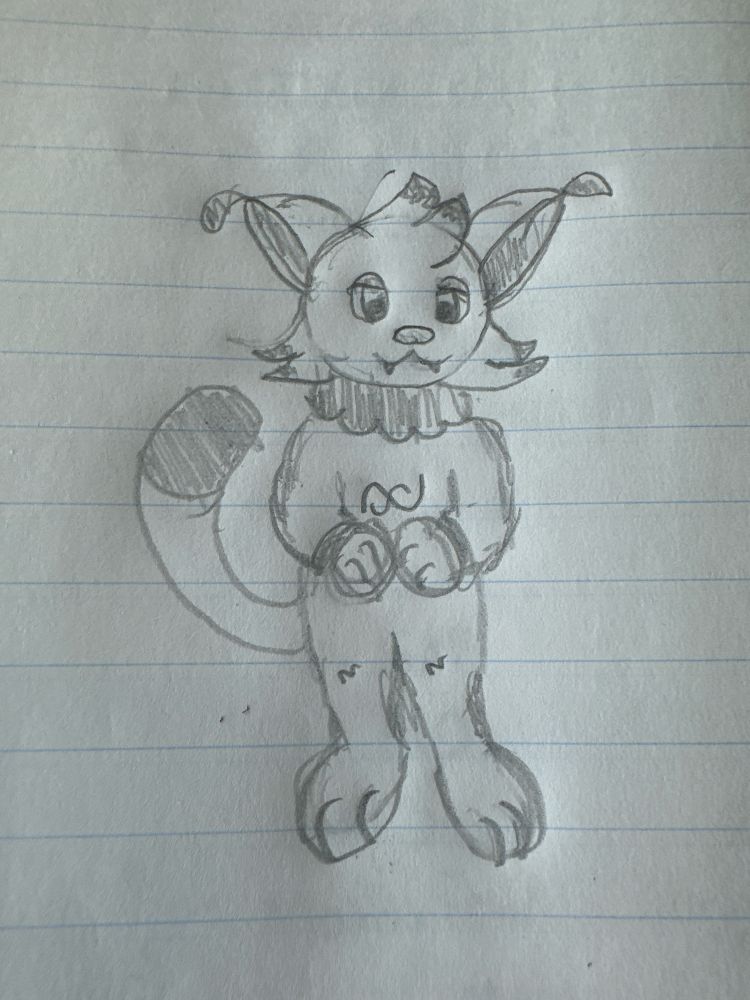 A pencil drawing of Meridian, an anthropomorphic cat, it stands with its hands held towards its chest. Giving a mischievous look.