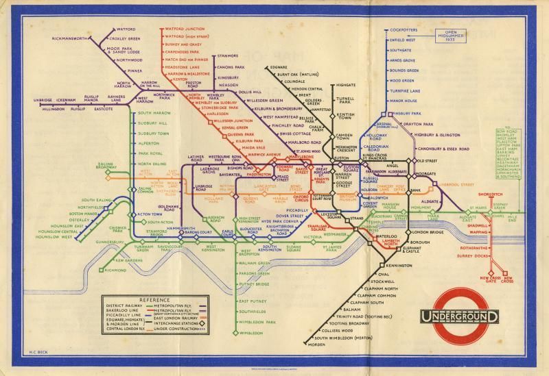 This is the first pocket edition of the diagrammatic style of Underground map designed by H C Beck. The main features of this diagram are the use of 45 degree angles and diamonds to illustrate interchange stations. All the lines are shown in their entirety except the District line which is only shown as far as Mile End, the rest of the stations eastbound are listed to Southend. The Piccadilly line extension from Enfield West to Cockfosters is shown as opening Midsummer 1933. The logo on this map is a red and black roundel with UndergrounD printed on the bar. The reverse of the map lists places of interest and theatres, with their closest Stations. Printed on paper.