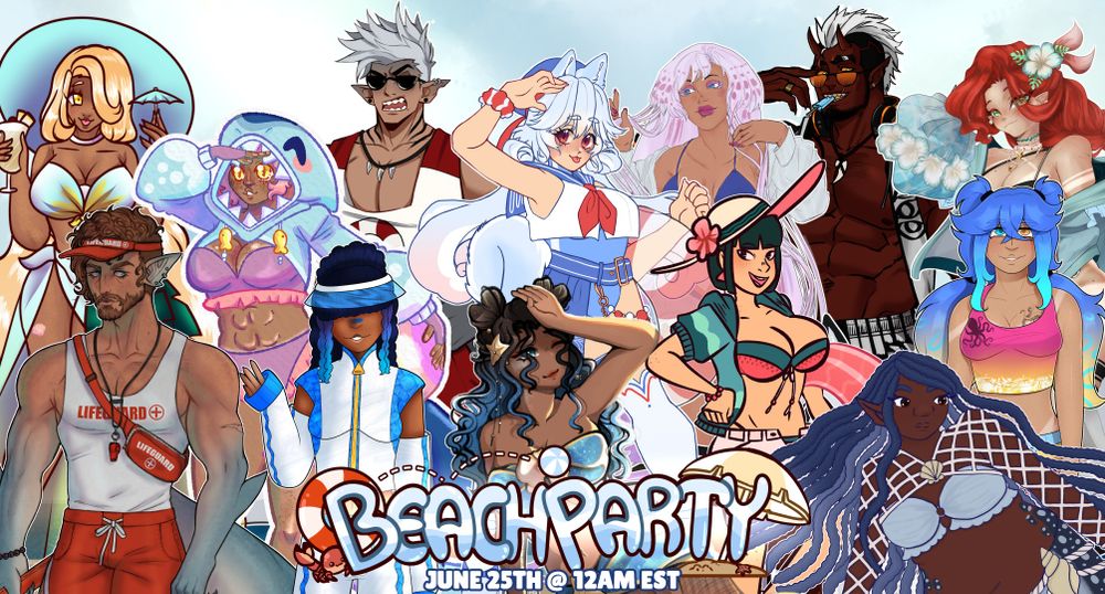 13 character page of designs by varied artists. Text in front reads: Beach Party, June 25th @ 12AM est