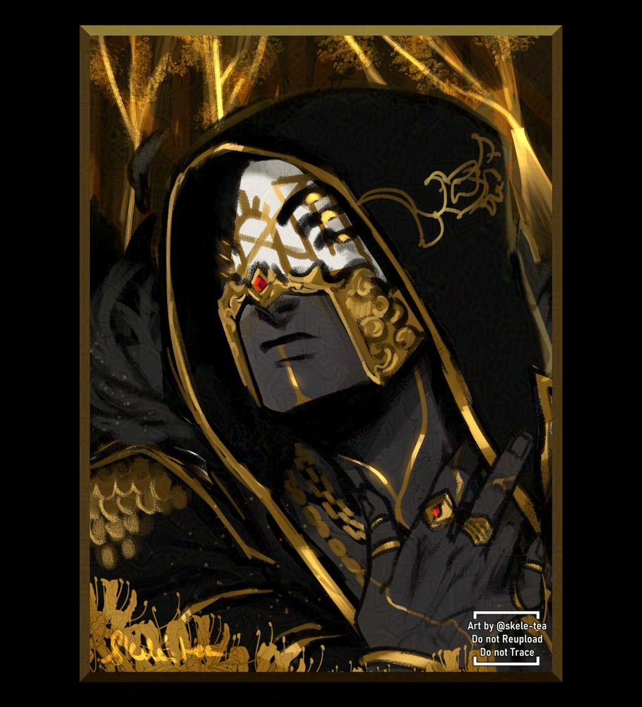 Portrait of Vessel from Sleep Token dressed in black & gold on a dark brown/orange BG w/ gold trees.
