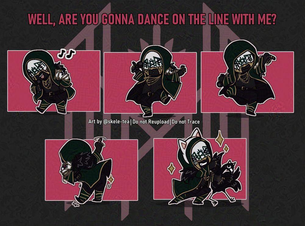 5 character sheet of Vessel from Sleep Token. Chibis of him dancing. The final chibi is of Vessel & Jerry Posing with Cat ear headbands.

NOTE: This Artwork was not created for profit reproduction purposes. This fanart has nothing to do with the band or their official work. (I may however make some fun LIMITED fan merch in the future if there's interest!)