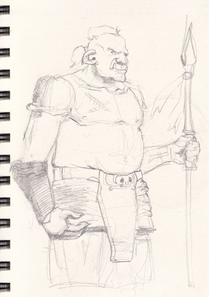 Borgrim the Orc. Borgrim hates fighting, but carries a big spear, scowls, and shows his muscles and scars to intimidate people into not messing with him. He is employed as a bouncer.