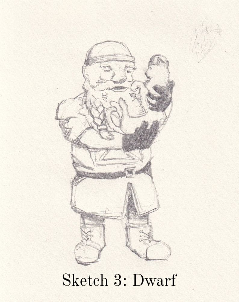 Dwarf holding a cat as it plays with his beard.