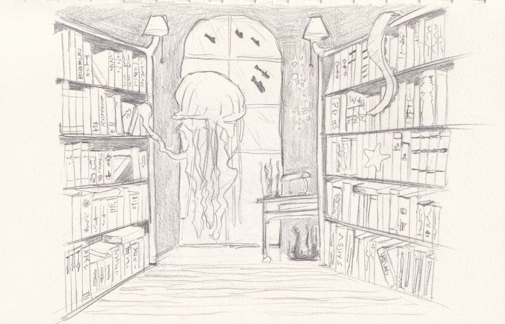 An underwater interior of a library. Two bookshelves are shown here, with a jellyfish between them. He is pulling a book off the shelf on the left. In the background is a desk, and a window to the sea outside.