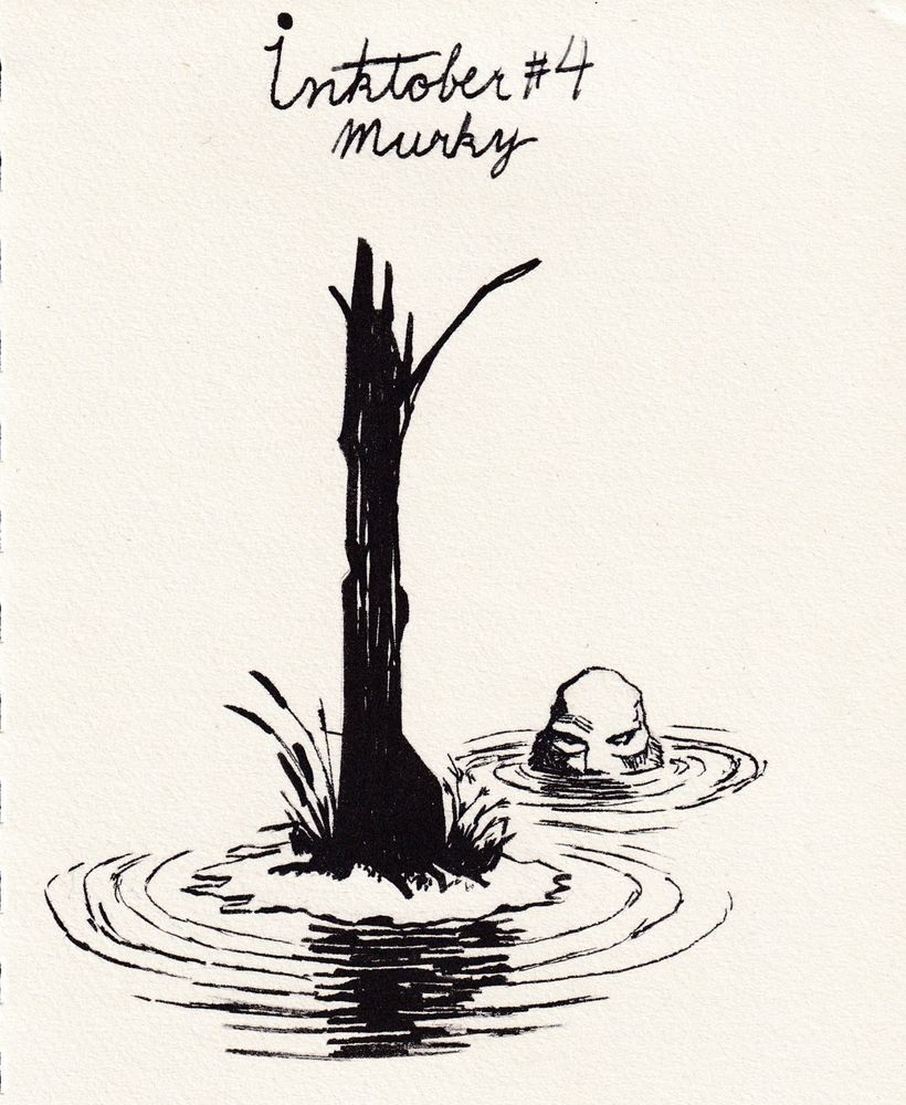 A monster slowly peeks out of a murky swamp, behind the lone tree.