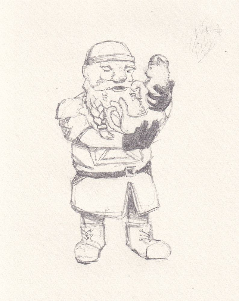 A dwarf holds a friendly cat up to his beard, very cozily. The dwarf has braids in his beard, along with a big moustache, and is wearing big boots, black gloves, and a metal cap. The cat is also wearing a metal cap, as it paws at the dwarf's moustache.