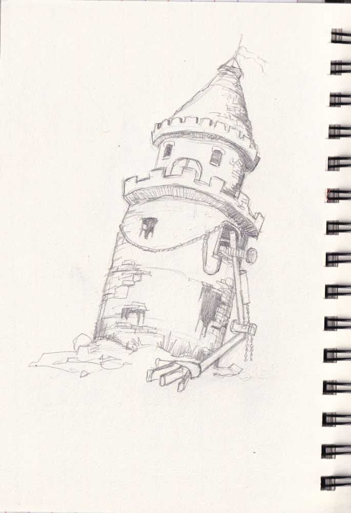 An old medieval castle tower, which is actually a robot, as can be seen from its arm, protruding from a window and controlled by old, broken chains. It is in ruins, and crumbling in the dirt.