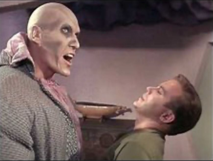 A photograph of two actors. A very large one with heavy make up to the left playing a role in the 60s TV show, Star Trek. The Captain Kirk, of the star fleet enterprise it's more than a foot shorter, with his head tilted back looking up at the large man, possibly in fright. The large man is the same actor as the house servant 