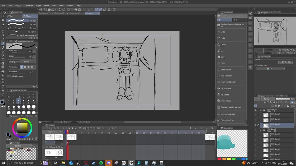 A screenshot of Clip Studio Paint in the animation file . Glisten's lying in his bed .
