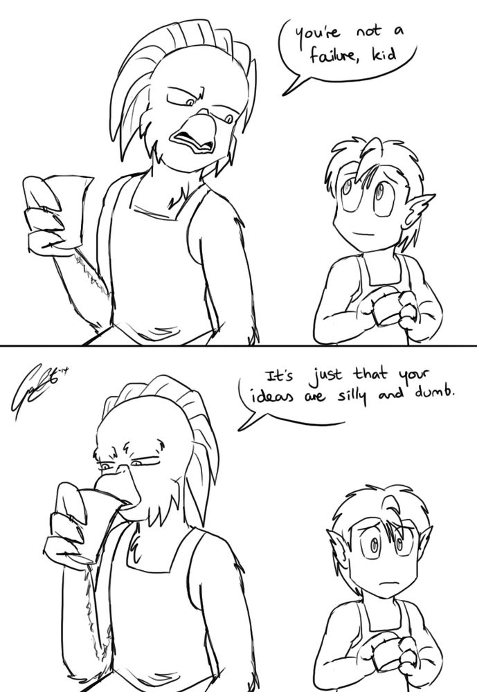 Reegan and Muxlowe's conversation referencing a scene from Freakazoid.
"You're not a failure, kid. It's just that your ideas are silly and dumb."