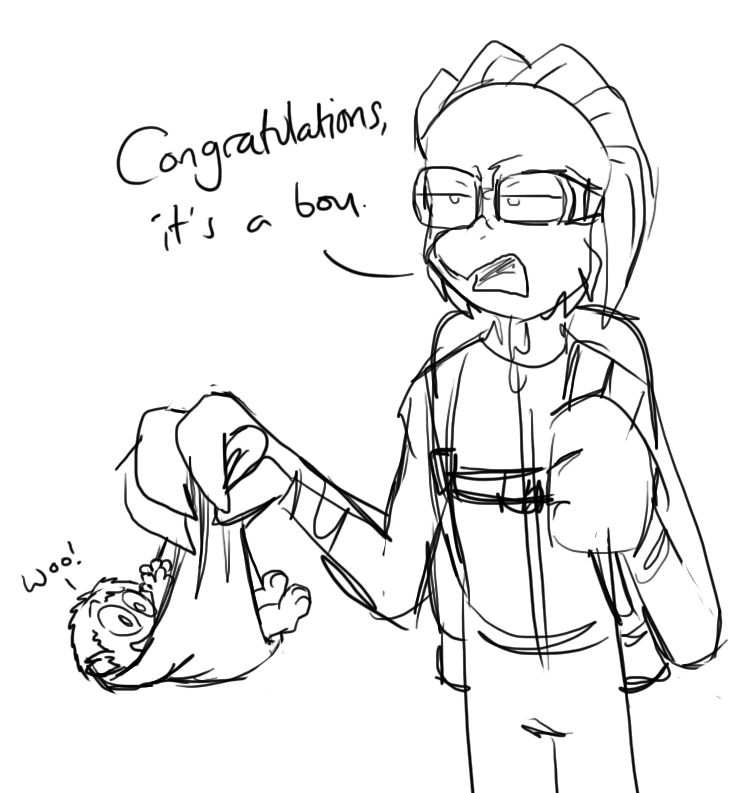 Reegan wearing goggles and a jetpack while holding a baby chimerite in a blanket similar to a cartoon stork. He announces dryly, "Congratulations, it's a boy."