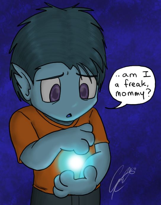 Child Muxlowe gazing sadly down at an energy ball he has formed between his paws and asking, "...am I a freak, mommy?"