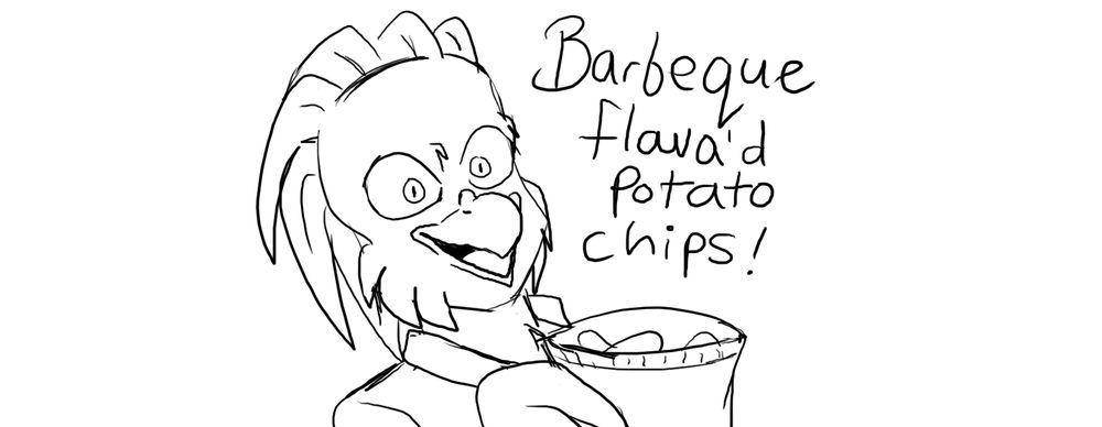 Reegan looking crazy while holding out a bag of potato chips and announcing, "Barbeque flava'd potato chips!" (a line of dialogue King Dedede said in the English version of the Kirby anime)
