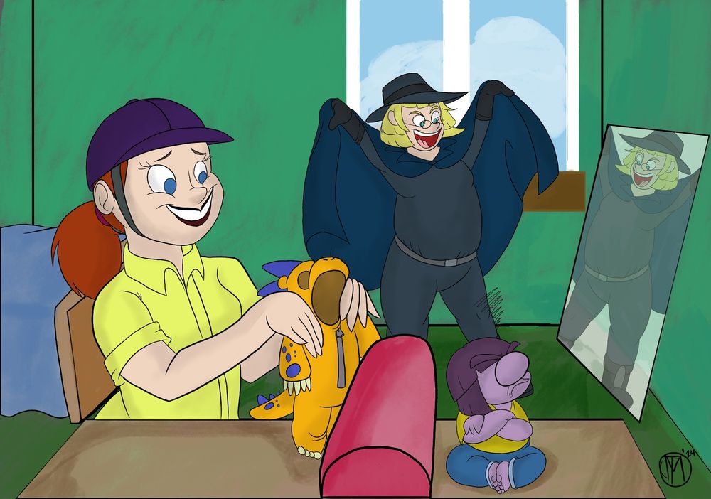 Kyler poses dramatically in the mirror while dressed up as Malfel Darkhelm - an outfit consisting of a black all in one suit with a belt, a wide brim hat and a cape. 
In the foreground, Trisha sits at a table dressed in a character outfit from the series 'Fluftipuf Horses', while offering Booker a Tito the Salamander zip-up onesie. Booker is folding his arms and looking the other way, unimpressed.