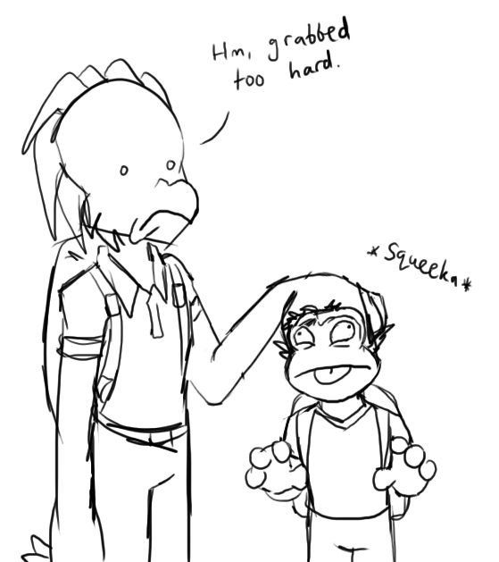 Reegan squeezing Muxlowe's head like a stress ball for some reason and looking disturbed while saying 'Hm, grabbed too hard.'