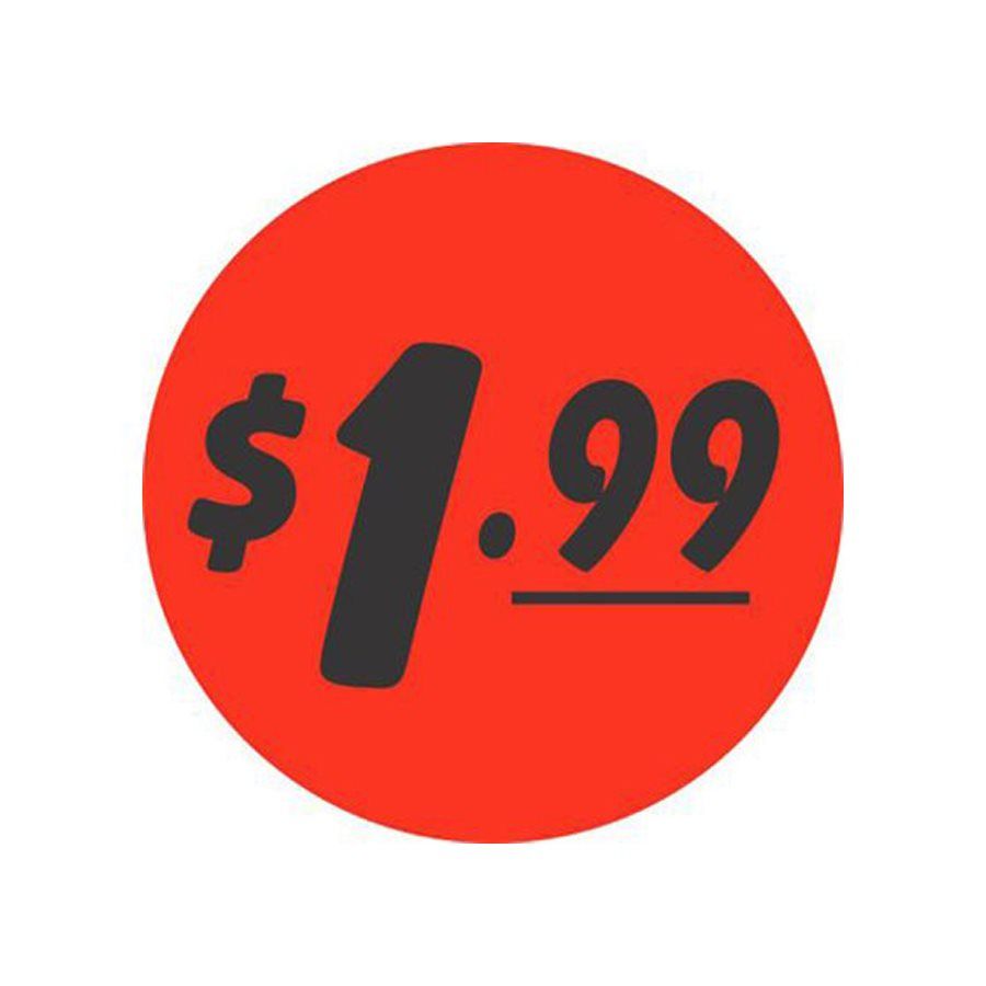 white background with a bright red circle in the middle of the circle is $1.99 in black writing. 