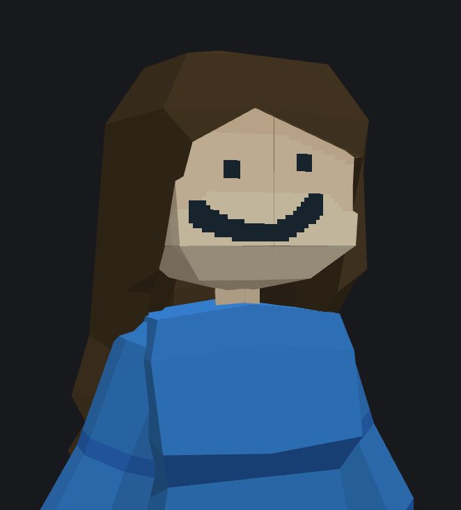 Low-poly model of a woman with brown hair wearing a blue shirt. Her face is drawn very crudely.