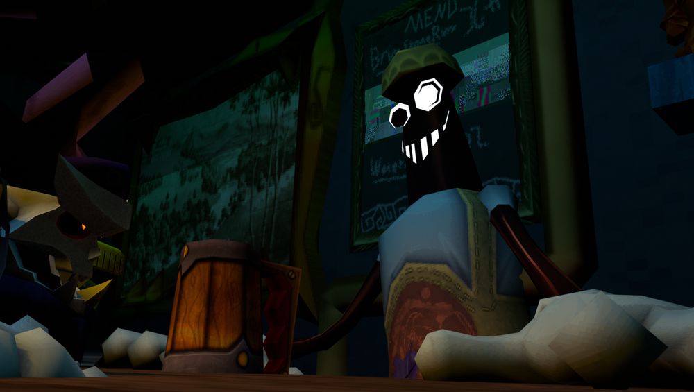 a still from the storyboarding pass of WORLD'S ANGRIEST SKELETON: MAIDEN VOYAGE featuring Ivory and The Barkeep.