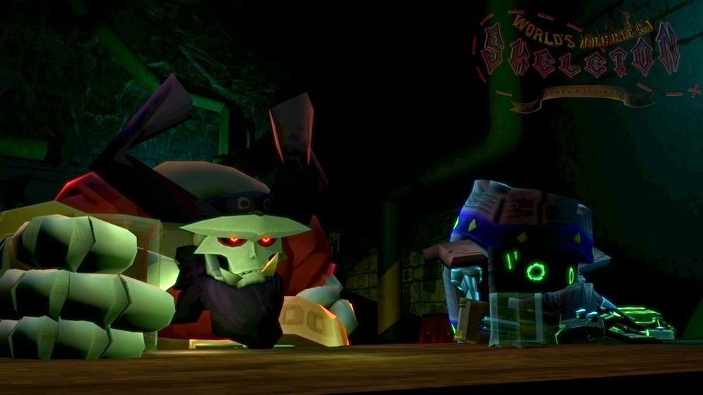 A 3D render of Captain Ivory seated in the tavern next to another patron, of which seems very tense.