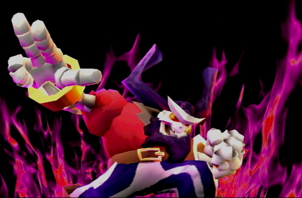 a filtered render of Captain Ivory aiming his fist to something off-screen, the background is a rising inferno of purple/red flames.
