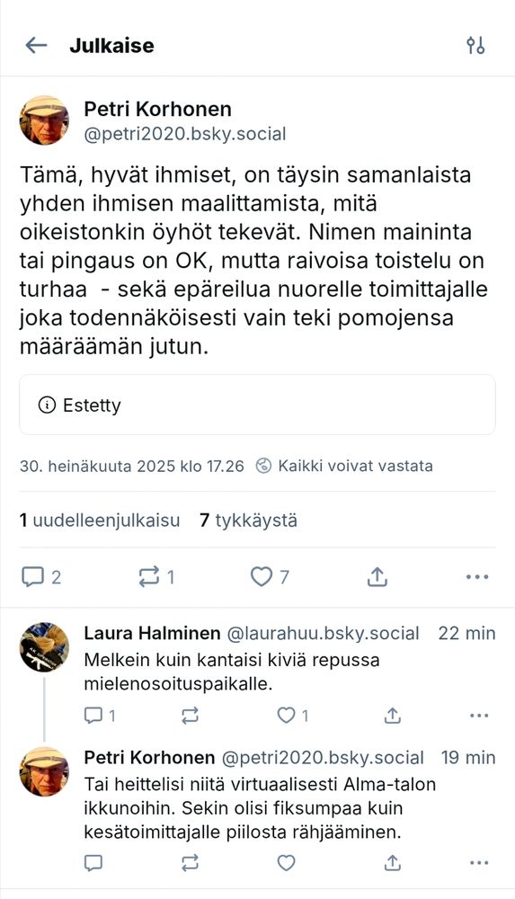 Kuvakaappaus, jossa lainatun viestin kohdalla lukee "Estetty"