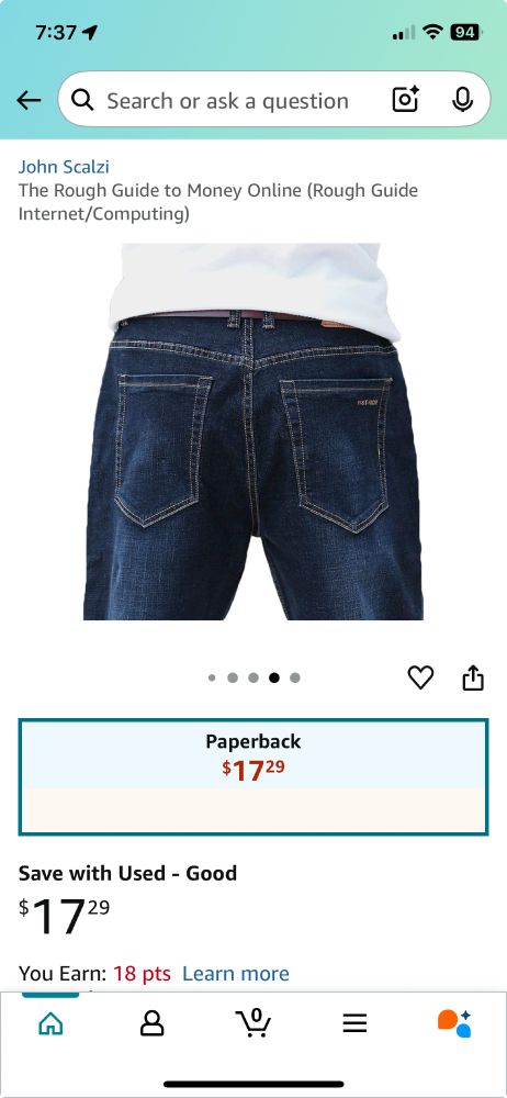Screencap of the Amazon app, showing a photo of pants instead of a book.
