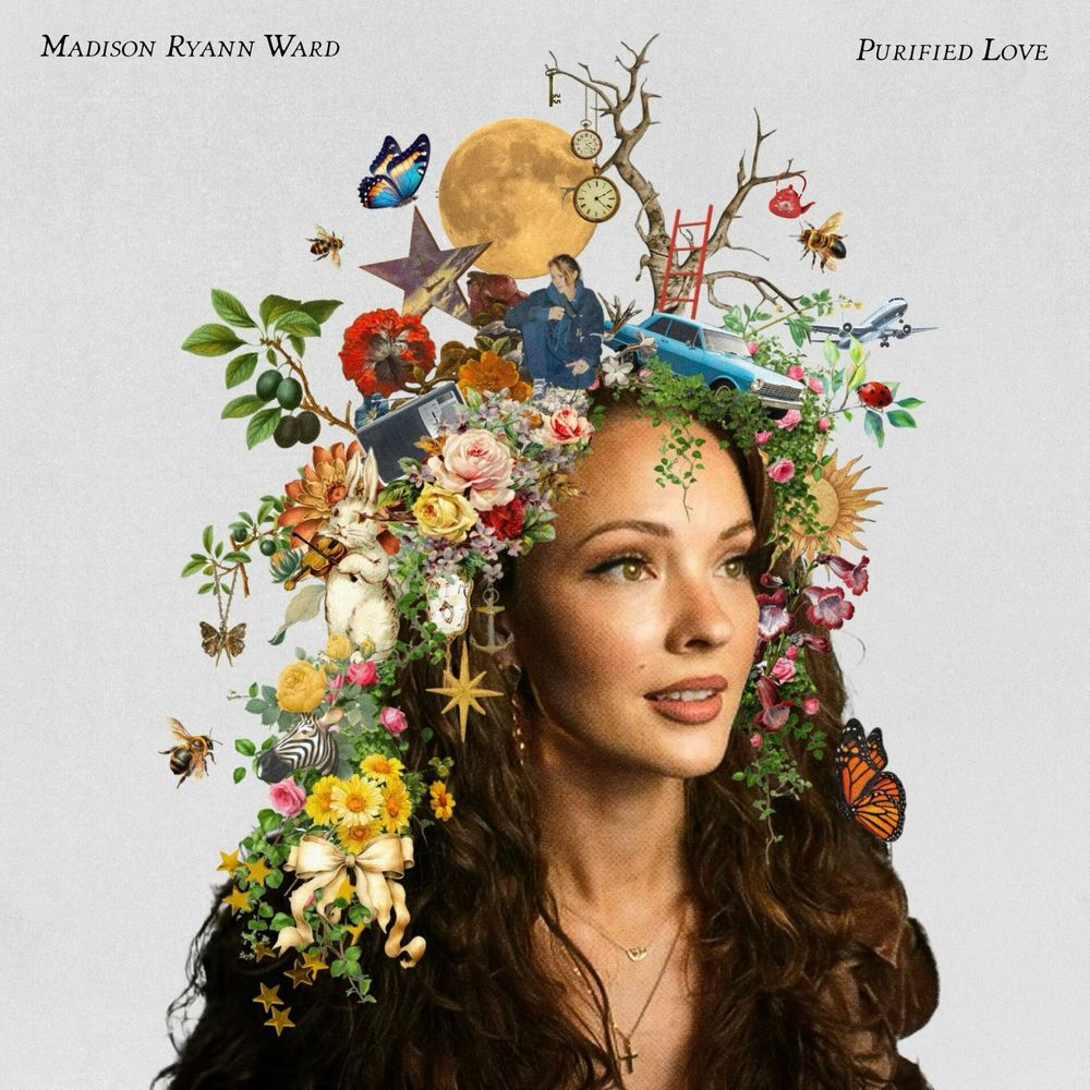 album cover of Purified Love by Madison Ryann Ward

Madison Ryann Ward in the top left corner
Purified Love in the top right corner
Madison in the middle with flowers, insects, the moon, and other objects in/around her hair
