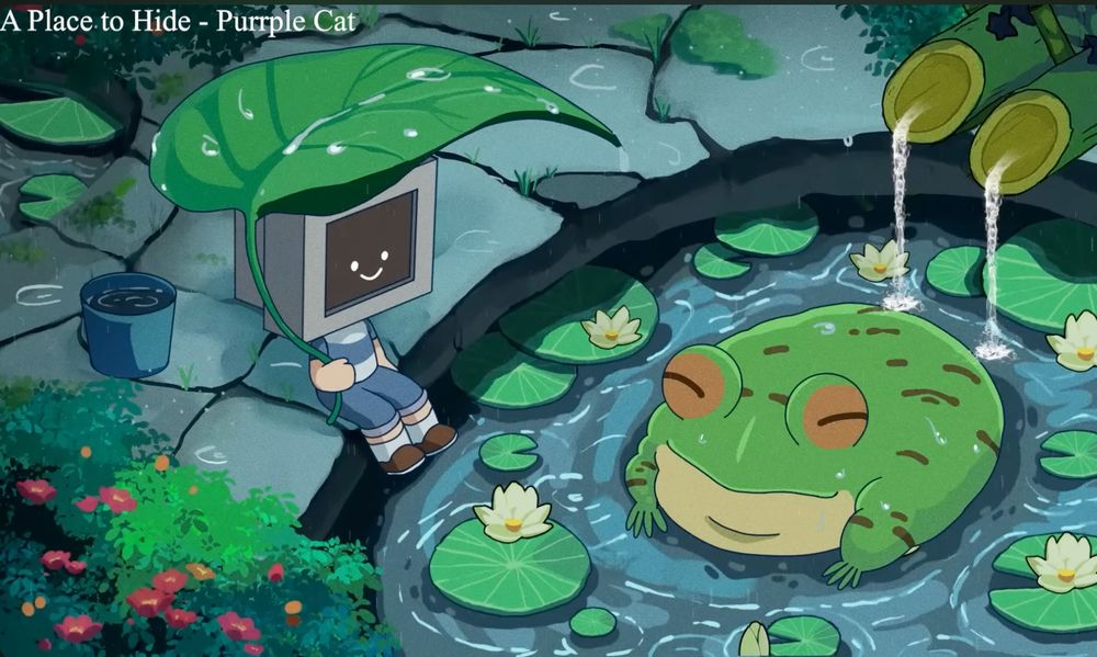 A boy with a old school computer for a head is smiling while looking at a frog sitting in a pond that looks absolutely delighted.