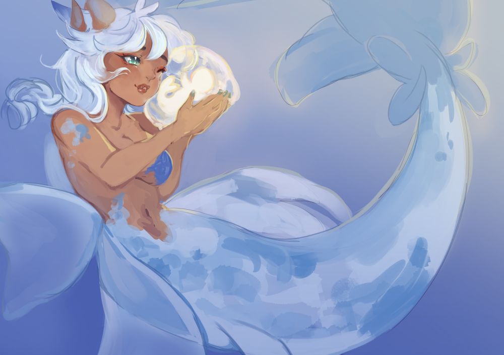 Yuna as a Mermaid. Still with Horns. Do I hear A Capricorn? 

Ad for Mermaid commissions. I turn your oc into a Mermaid. 