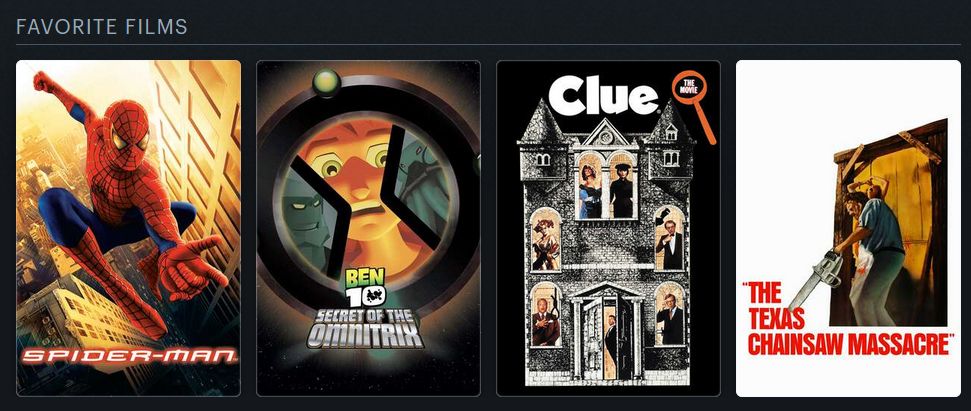 Favorite Films: Spider-Man, Ben 10: Secret of the Omnitrix, Clue, and The Texas Chain Saw Massacre