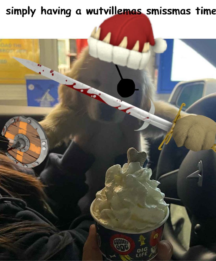A little eyepatched puppy dog with a santa hat and tf2's Chargin' Targe and Claidheamh Mòr about to go to town on a cup of whipped cream. The text above reads "simply having a wutvillemas smissmass time"