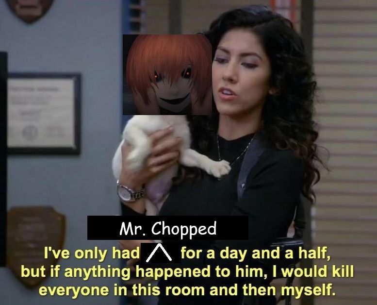 Brooklyn 99 meme with the character Rosa carrying a dog. the dog has been covered by a screenshot of the Homicipher character Mr. Chopped. the meme says: "I've only had [Mr. Chopped] for a day and a half, but if anything happened to him, I would kill everyone in this room and then myself."